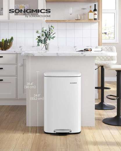 SONGMICS 13 Gallon (50 L) Trash Can, Stainless Steel Kitchen Garbage Can, Recycling or Waste Bin, Soft Close, Step-On Pedal, Removable Inner Bucket, White ULTB050W01