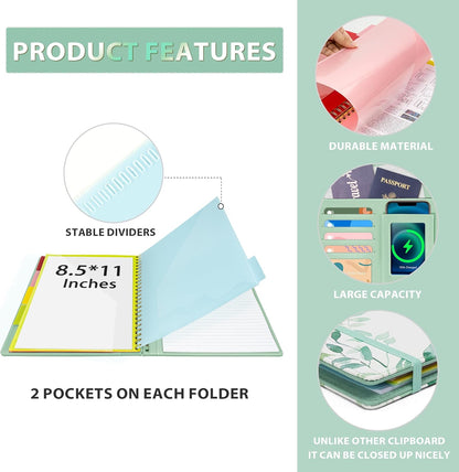 Clipboard with Storage for Men Women, Leather Padfolio Portfolio Organizer 5 Folders with 10 Pockets, Spiral Clipboard Folio with Notepad for Letter Size, Elastic Closure and Pen Loop Green Plants