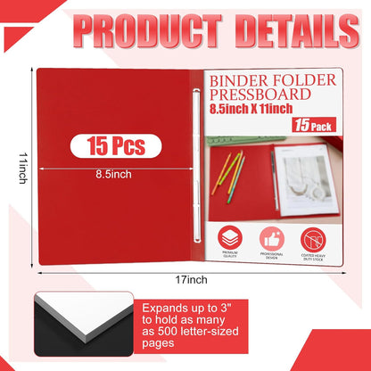 Zhanmai 15 Packs 8.5'' x 11'' Pressboard Report Covers, Metal Prong Fastener with Compressor, Letter Size 3'' Capacity Presentation Report Folder to Neatly Bind Reports, Proposals, Documents(Red)