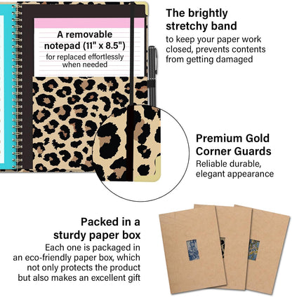 Foldable Clipboard Folio with Storage, 5 Plastic Folders with 10 Pockets,Refillable Lined Notepad (11" x 8.5"), Hardcover Project Organizer Nursing Teacher School Essentials(Cheetah Spots)