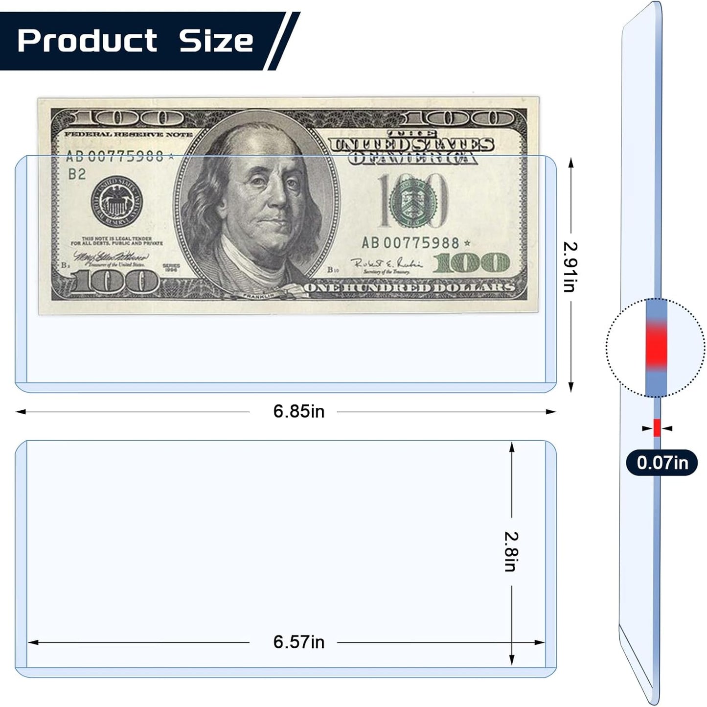 30 Pack Hard Plastic Clear Money Holders Dollar Bill Holders Money Top-Load Sleeves 6.85 × 2.91 Inches Currency Holder for Bills, Collectors
