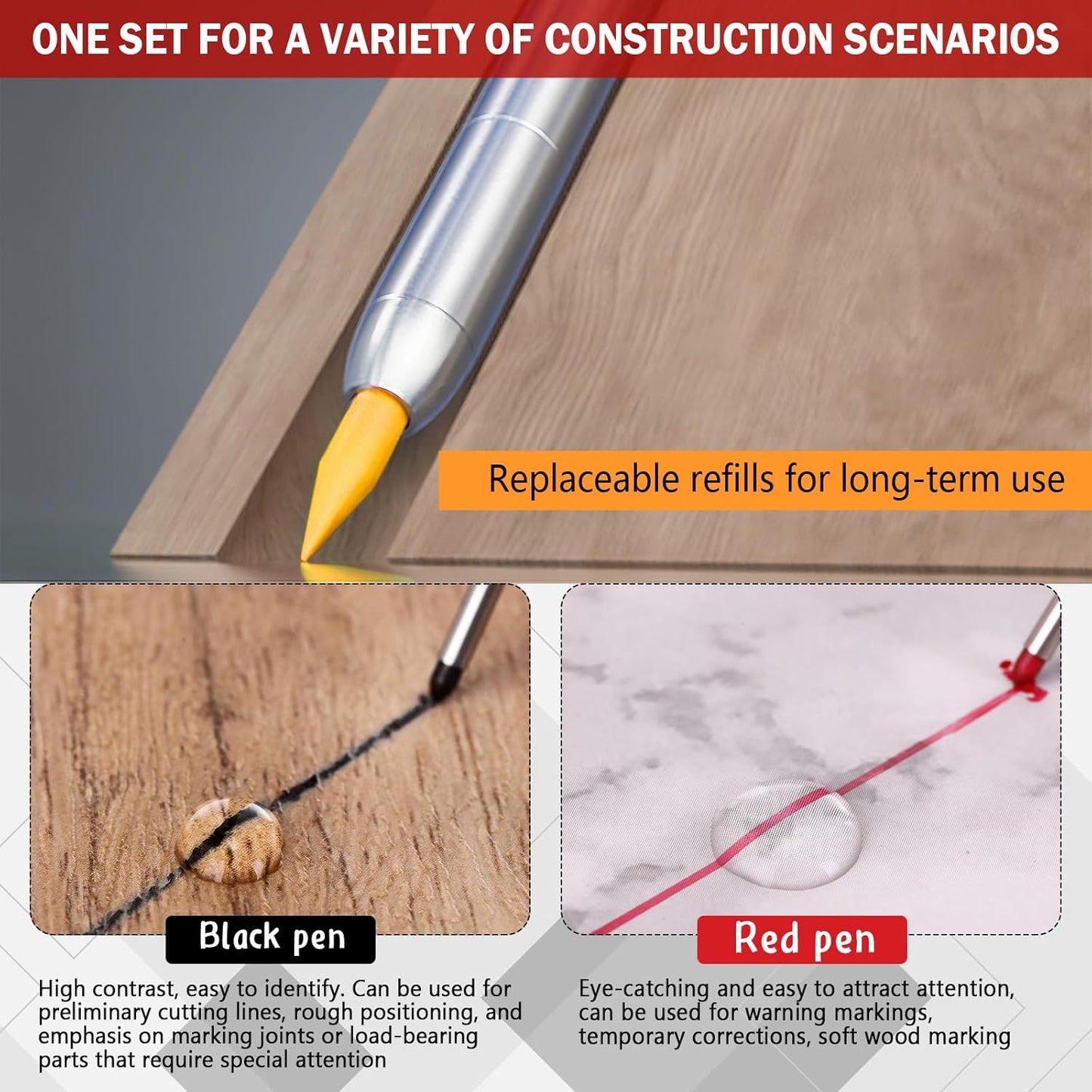 8 pack 2.8mm Mechanical Carpenter Pencils with 48 Refills, Construction Pencils with Built-in Sharpener, Long Nib Deep Hole Marker, Heavy Duty Woodworking Tools (Black+yellow)