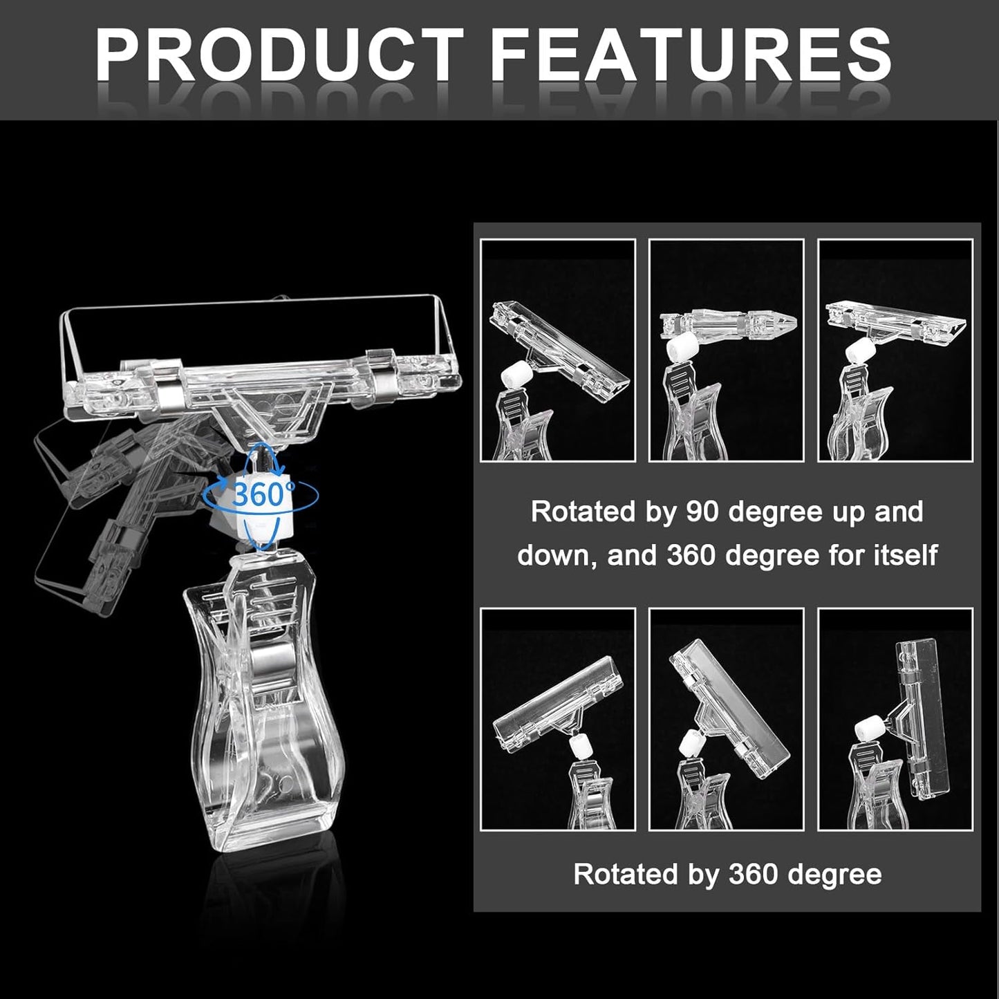 30PCS Clear Sign Clips Plastic Rotatable Pop Clip Sign Holder Stand for Merchandise Display, Sign Holder Clips for Retail, Double Display Clips for Retail Rack, Baskets, Cards