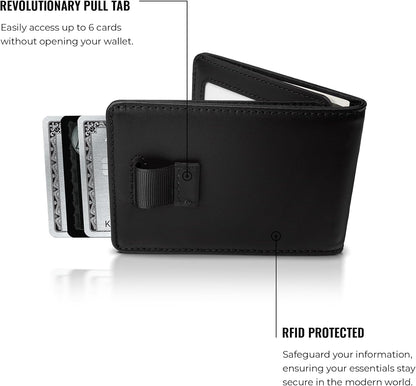 Kings Loot Wallet for Men | Minimalist Slim RFID Blocking Leather Design with Cash Pocket & Card Pull Strap | Holds 1-15 Cards | Stylish & Durable Wallets (Onyx Black)
