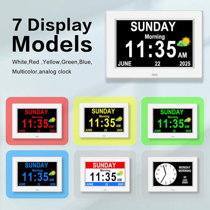 DIWAKREM 7'' Large Display Digital Clock for Seniors, Digital Calendar Alarm Clock for Elderly Clock with Date Day of Week 12 Alarms 4 Colors Desk Wall Clocks for Alzheimers Dementia Auto DST/Dimmer