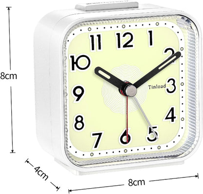 Small Analog Alarm Clock Silent Non Ticking, Ascending Beep Sounds, Snooze, Glow in Dark dial,Manual Light, Battery Operated (White)