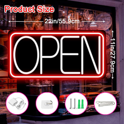 22" X 11" Led Neon Open Signs for Business Ultra Bright Plug In Electric Light Up Large Open Signs with ON/OFF Switch and 12V/2A AC Adapter for Storefront Window Bar Salon Coffee Stores (Red/White)
