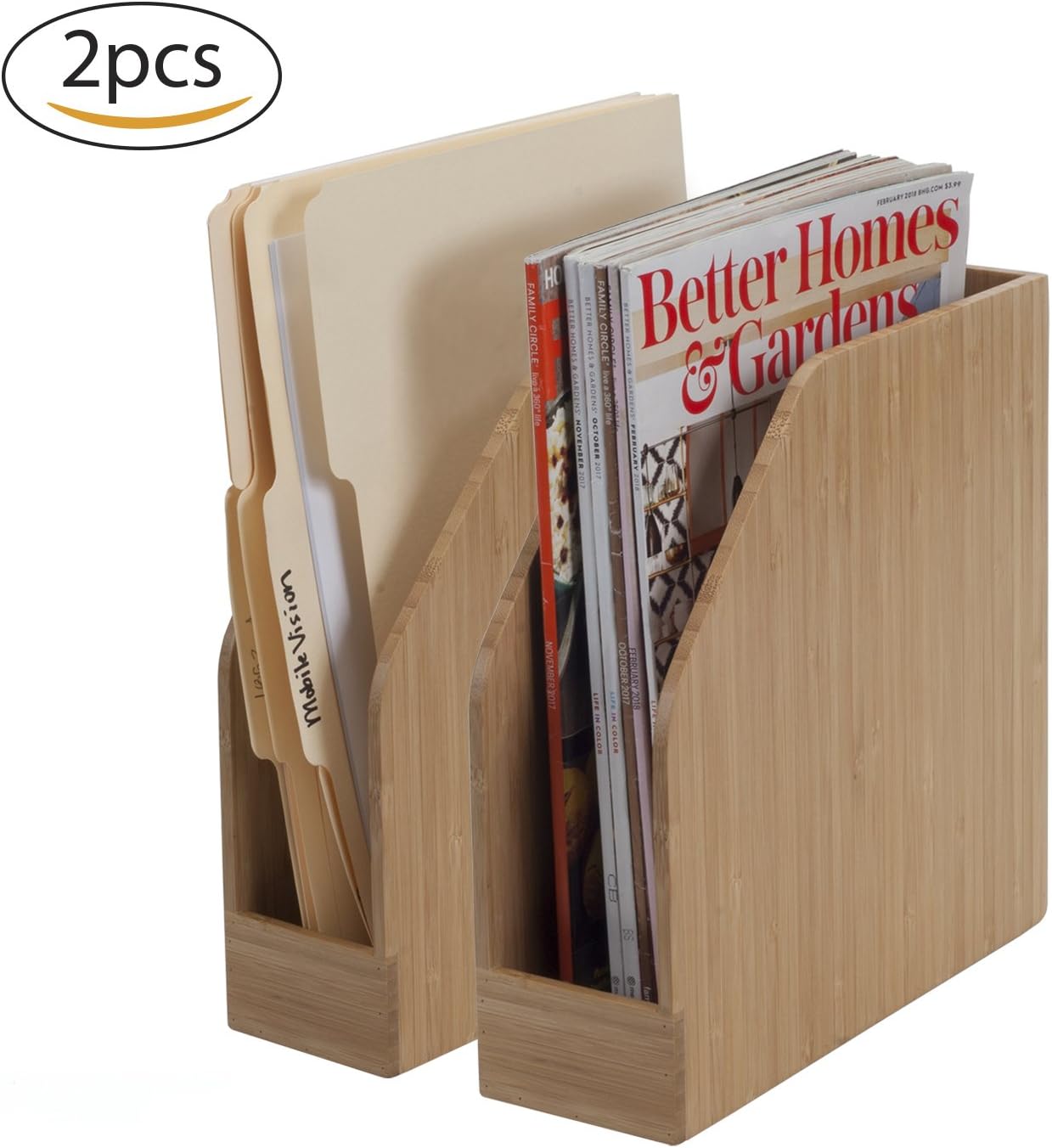 MobileVision Bamboo Vertical File Folder Holder & Office Product Organizer, Store Files, Magazines, Notepads, Books and more, 2 Pack Combo Set