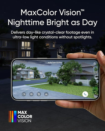 eufy Security eufyCam S3 Pro 3-Cam Kit, Solar Camera Outdoor Wireless, MaxColor Night Vision, 4K Security Camera with Solar Panel, Face Recognition AI, Expandable Local Storage, No Monthly Fee