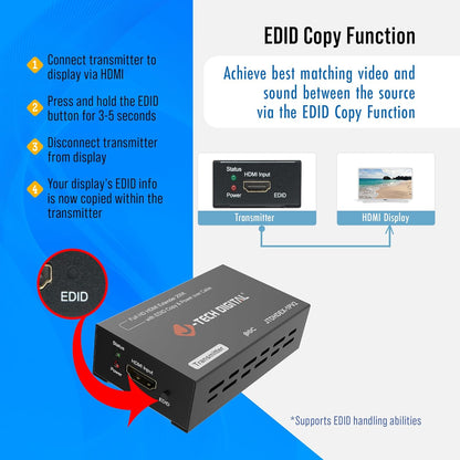 J-Tech Digital HDMI Extender 1080P 60Hz Over Single CAT 5e/6/7 PoC (Power Over Cable) up to 165ft, Deep Color EDID Copy Zero Signal Loss [JTD-HDEX-1PV2]