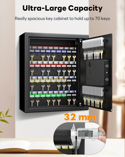 Uniclife 70 Position Key Cabinet with Combination & Key Lock Wall Mounted Security Keys Safe Key Organizer Resettable Black Digital with Keypad Lock Adjustable Racks Colorful Key Tags & Permanent Pen
