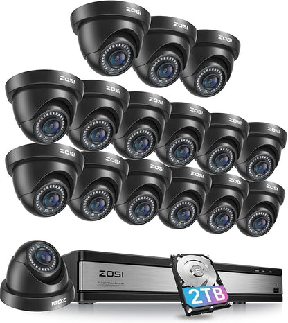 ZOSI 16 Channel Security Camera System 1080p, 2MP H.265+ Hybrid 16CH DVR with AI Human Vehicle Detect, 16 x 1080p CCTV Dome Camera Outdoor, 80ft Night Vision, 90° View Angle, Remote Access, 2TB HDD