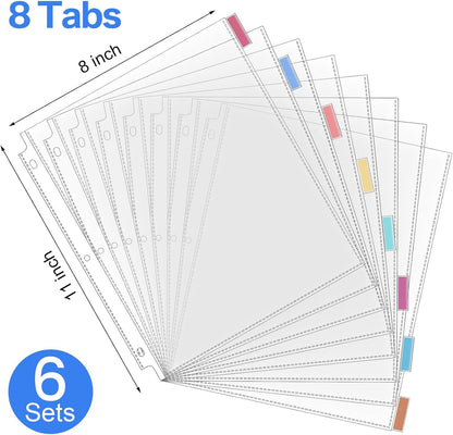 ReliThick 6 Set of 48 Pack Clear Sheet Protectors 8.5 x 11 Inch Page Protector for 3 Ring Binder with 8 Tabs Plastic Dividers for 3 Ring Binder, Insertable Index Page Divider Multicolor Tabs