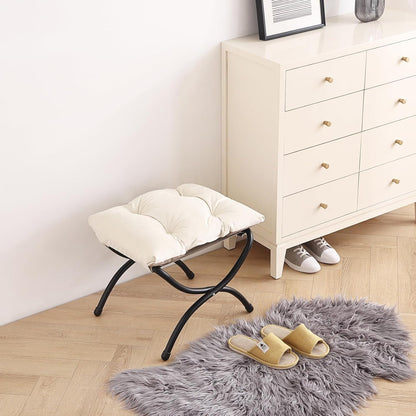 LITA Folding Upholstered Footrest Stool, Modern Small Portable Accent Ottoman with Detachable Thick Cotton Cushion Padded Sofa Stool with Metal Frame for Lazy Chair, Living Room & Bedroom, Beige