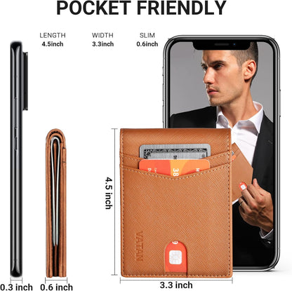 VATAN Wallet for Men, Mens Minimalist Wallet Credit Card Holder, Slim Leather Rfid 2 ID Window Large Capacity With Gift Box (Cross Grain Brown)
