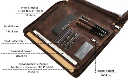 Handmade Genuine Leather Portfolio Organizer for IPad/Document, Business Padfolio with A4 Leather Notepad Holder, Leather Compact Folder Conference Portfolio for Men and Women, Dark Khaki