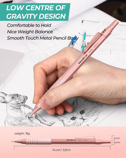 Nicpro 0.7 mm Metal Mechanical Pencil Set, 3PCS MP1000 Artist Lead Pencils With 480PCS HB 2B Lead Refills, Erasers, Pastel Aesthetic Mechanical Pencils for School Supplies Writing Drawing Sketching