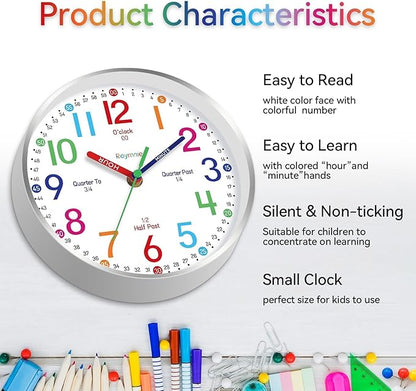 Wall Clock for Kids Learning Easily Kids Teaching Clock Silent Non Ticking Battery Operated Colorful Teaching Time Clock Decorative for Kids Room Classroom School (10 Inch)