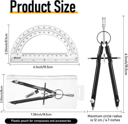 EBOOT Student Geometry Math Set, Drawing Compass and 6 Inch Clear Swing Arm Protractors 180 Degree Math Protractor (Black)