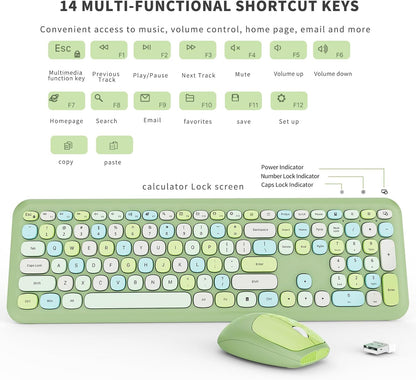 Wireless Keyboard and Mouse Combo, Colorful Ergonomic Full Size Retro Low-Noise Keyboard with Cute keycaps, Compatible with Windows, PC, Perfer for Home and Office Keyboards (Green)