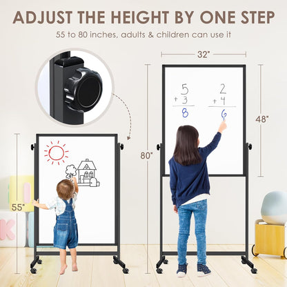 Double Sided Cork Board White Board, 32 x 48 inches Large Cork Board for Office, Height Adjustable Magnetic Dry Erase Board on Wheels, Portable Freestanding Natural Corkboard for Displaying, Planning