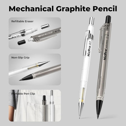 Nicpro 6 PCS Art Mechanical Pencils Set with Case, Drafting Pencil 0.5 & 0.7 & 0.9 mm and 3PCS 2mm Lead Holder (4B 2B HB 2H Colors) For Art Writing, Sketching Drawing,With Lead Refills Erasers