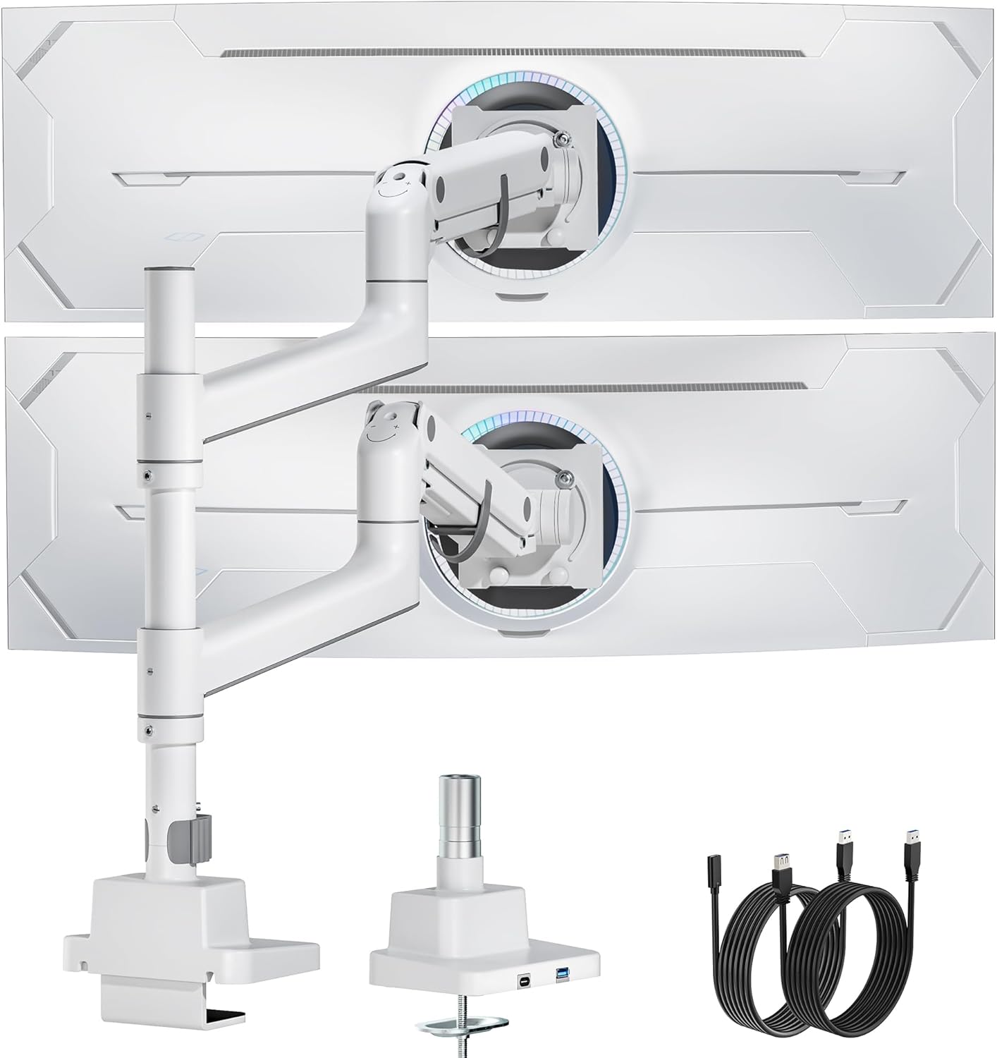 monTEK 17-57 Inch Dual Ultrawide Monitor Arm for Up to 59.4lbs Screen, Aluminum Heavy-Duty Gas Spring Vertical Stackable Curved Screen Adjustable Monitor Stand,75/100mm Vesa Mount, White