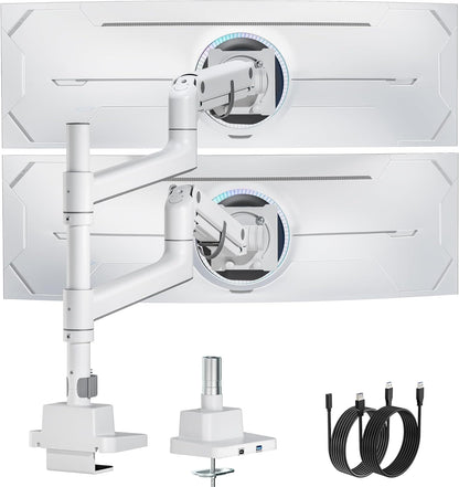monTEK 17-57 Inch Dual Ultrawide Monitor Arm for Up to 59.4lbs Screen, Aluminum Heavy-Duty Gas Spring Vertical Stackable Curved Screen Adjustable Monitor Stand,75/100mm Vesa Mount, White