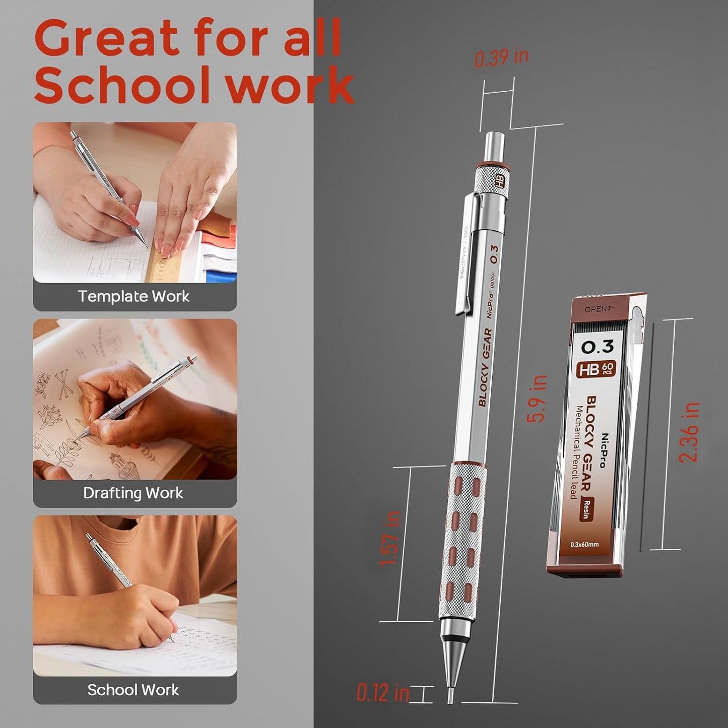 Nicpro 3 Pack Blocky Gear 0.3 mm Metal Mechanical Pencils Set with Case, Lead Drafting Pencil with 8 Tube (480PCS) Lead Refills, 4 Erasers, 18 Eraser Refills for Art Writing, Sketching Drawing