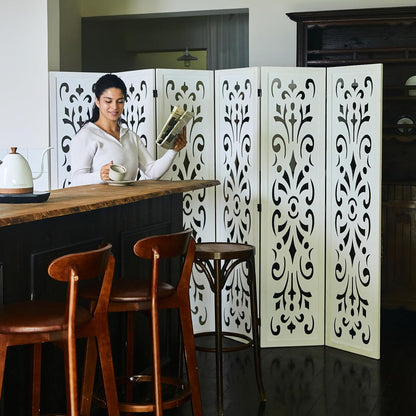 5.6Ft Room Divider Folding Wood Classical Carved Partition Screen for Home Office Garden - 6 Panels (White)