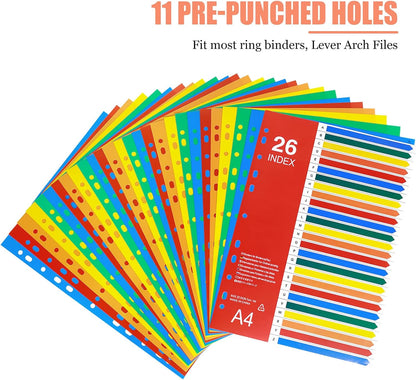 A-Z Tab Dividers, Alphabet Dividers for 2/3/4 Ring Binder, Customizable Table of Contents, Plastic Binder Dividers with Multicolor A-Z Tabs, 5 Sets