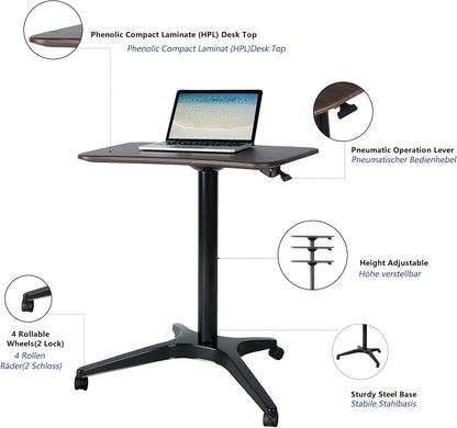Mobile Standing Desk,Pneumatic Height Adjustable Laptop Desk, Mobile Laptop Desk with Wheels, Height Adjustable from 29.5'' to 47'',Black