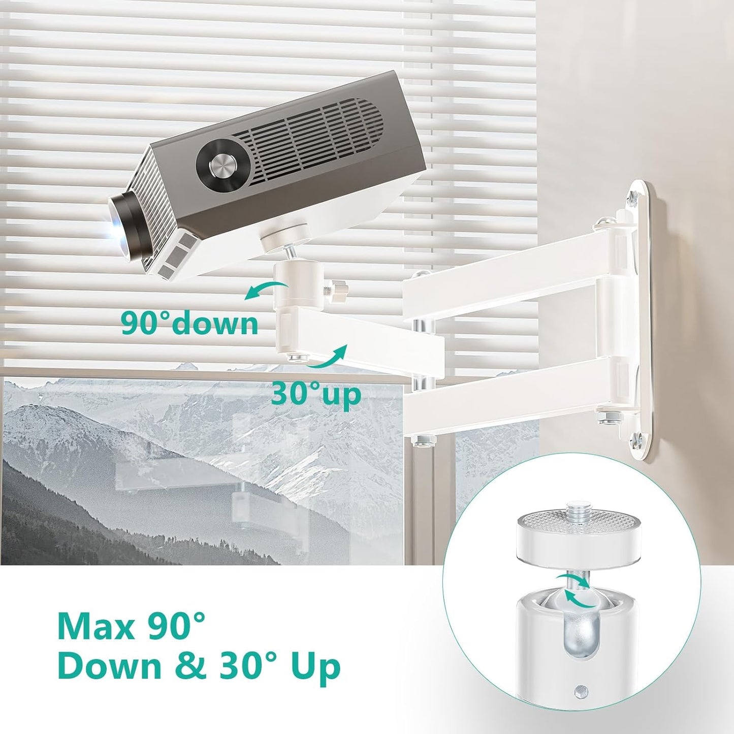 WALI Foldable Projector Wall Mount Universal Adjustable Wall Projector Mount Aluminum Alloy Projectors Stand,1/4" M4 M6 Screw Size,(1330LM-PMW), White
