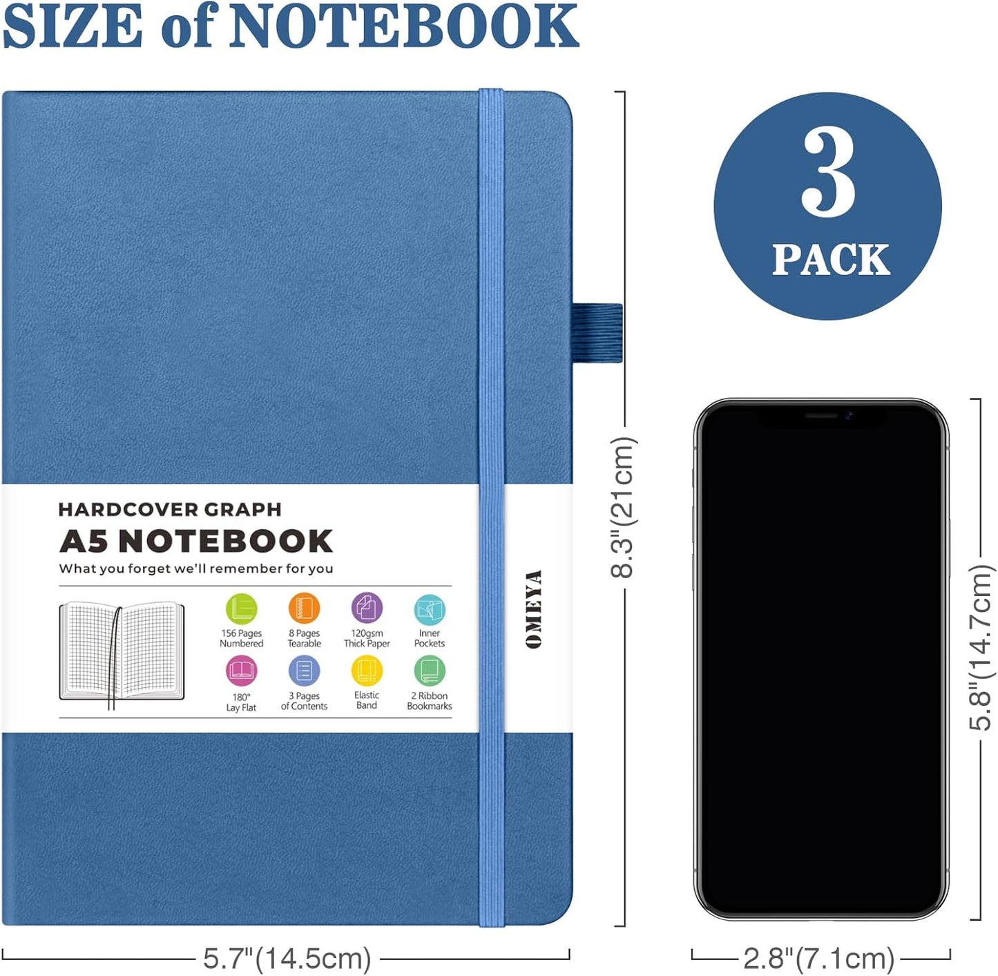 Graph Paper Notebook 3 Pack, A5 Grid Notebook Journal, Graph Notebook with 120gsm Paper, Hardcover Leather Journal for Writing, Grid Paper Notebook for Work, School Supplies, Engineering,5.75" x 8.38"