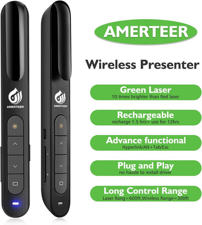AMERTEER Wireless Presentation clicker for Powerpoint Presentations, Green Light Rechargeable Powerpoint Clicker with Laser Pointer Support Hyperlink RF 2.4GHz (1 PCS)