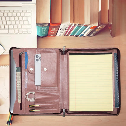 Vegan Leather Portfolio with Front Pocket for Women, 8.5 x 11 Legal Pad Notepad Holder, Zippered Business Organizer, Professional Executive Letter Notebook Folder for Work, Pink
