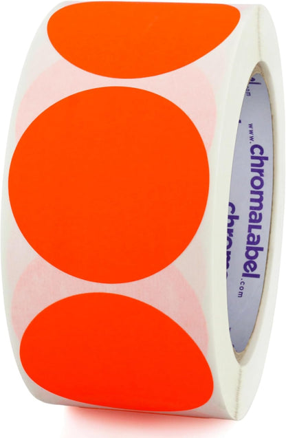 ChromaLabel 2 Inch Round Colored Stickers, High Visibility Permanent Sticky Dots Color Coding Labels, Easy to Write On Dot Stickers - 500 Sticker Dots per Roll, Matte Finish Fluorescent Red-Orange