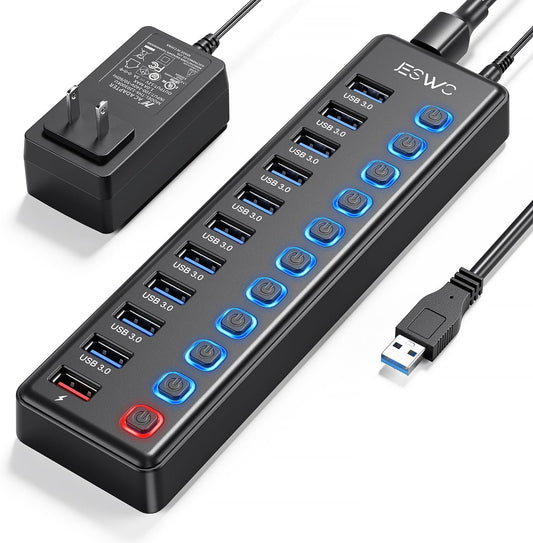 Powered USB Hub, JESWO 11 Port USB 3.0 Hub, 10 USB 3.0 Data Transfer Ports + 1 Smart Charging Port, USB Hub Powered with Individual LED On/Off Switches and 12V/3A Power Adapter