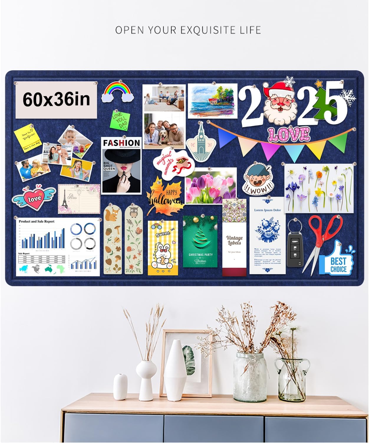 Large Bulletin Board, Foldable 60x36 Inches Cork Board Alternative, Large Felt Board Decorative Pin Board for Wall, Foldable Photo Board Self-Adhesive Vision Board with 36 Pushpins Dark Blue