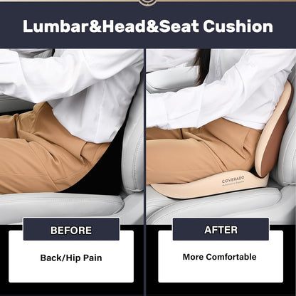 Coverado Seat Cushion and Lumbar Support Headrest Pillow for Car Office Chair, Ergonomic Memory Foam Chair Cushion Back Neck Support Pillow, Sciatica & Back & Tailbone Pain Relief Cushion-Beige