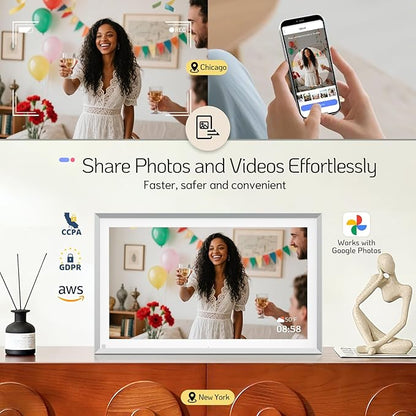 NexFoto 15.6" Touchscreen Digital Picture Frame, FHD WiFi Digital Photo Frame 64GB, Add Pics from Google Photos, Upload Videos via App/USB, Gifts for Christmas/Mom/Grandpartents, Silver