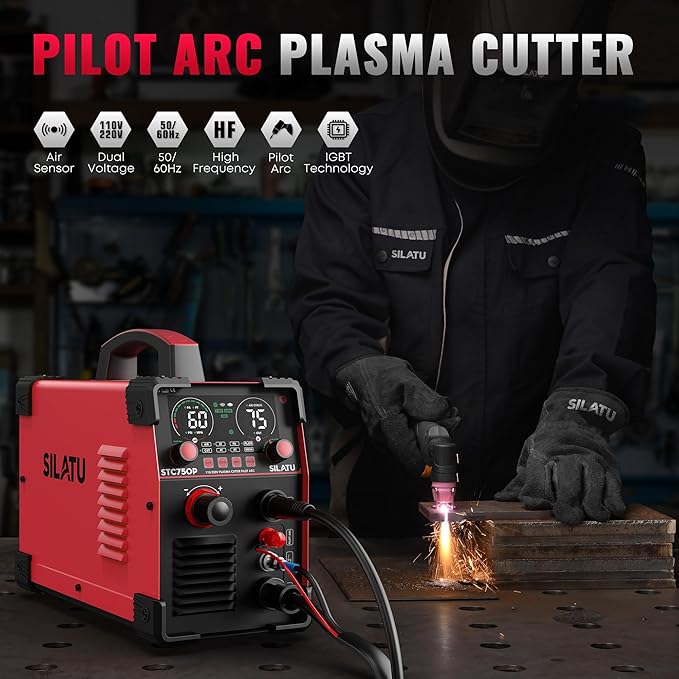 SILATU Plasma Cutter, 75Amps HF Non-Touch Pilot Arc Plasma Cutter Machine, 110/220V Dual Voltage Large LED Display Air Sensor Technology, 5/8'' Clean Cut 1'' Max Cut, PT/2T/4T for Beginners DIY (Red)