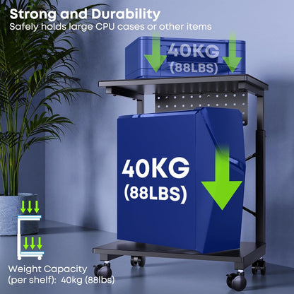 PUTORSEN Height Adjustable Computer Tower Stand - 2-Tier ATX-Case PC Floor Stand with Rolling Wheels, Black