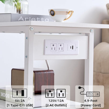 Lerliuo 3-Tier Printer Stand with Charging Station, Industrial Mobile Printer Table with Storage Shelf and Steel Frame, Rolling Printer Cart Holder with Lockable Wheels for Home, Office (White)