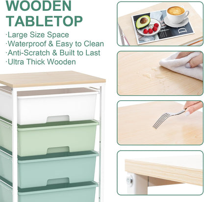Utility Cart with 4 Drawers,Rolling Storage Cart with Drawers,Storage Rolling Drawer Cart with Wooden Tabletop for Bedroom,Kid's Room,Dorm,Classroom,Office,Green