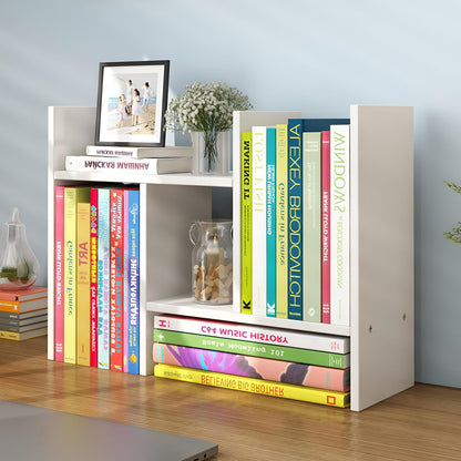 YSJILIDE Wood Adjustable Small Desktop Bookshelf, Expandable Storage Organizer, Organizer Office Storage Rack, Display Shelf Rack, Office Supplies Desk Organizer(White)