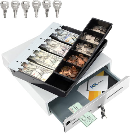 HK SYSTEMS 13inch "Stainless Steel" Front WHITE Heavy Duty POS Interface Cash Drawer with 4Bill/5Coin