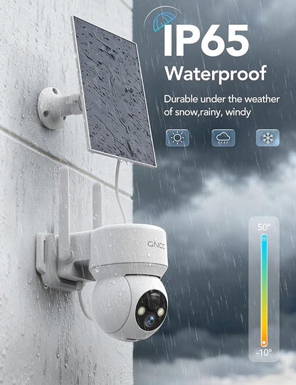 GNCC Solar Security Camera Wireless Outdoor 2.4G WiFi, 360° View, Solar/Battery Powered, AI Human Detection, Color Night Vision, 2-Way Audio, Spotlight Siren Alarm, IP65 Waterproof, SD/Cloud Storage