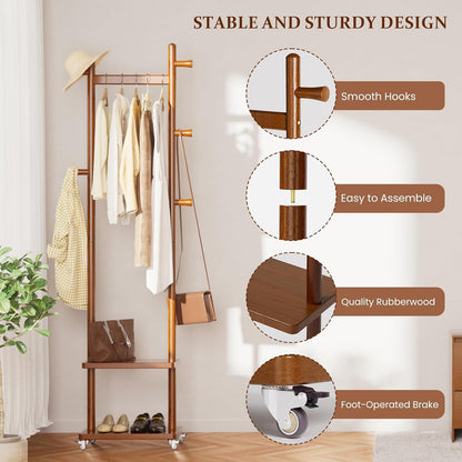 Coat Rack Freestanding Clothing Rack with Wheels & 2 Shelves Storage & 5 Hooks Heavy Duty Clothes Rack Wood Coat Tree Stand Hat Hanger Rack for Corner Bedroom Entryway Living Room Hotel