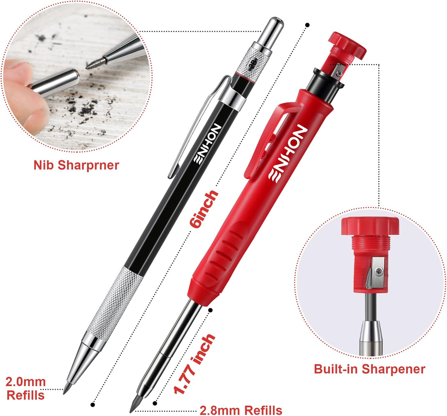 6 Pack Carpenter Pencil with Sharpener, Mechanical Carpenter Pencils with 36 Refills, Heavy Duty Construction Pencil Woodworking Tools for Architect Marking